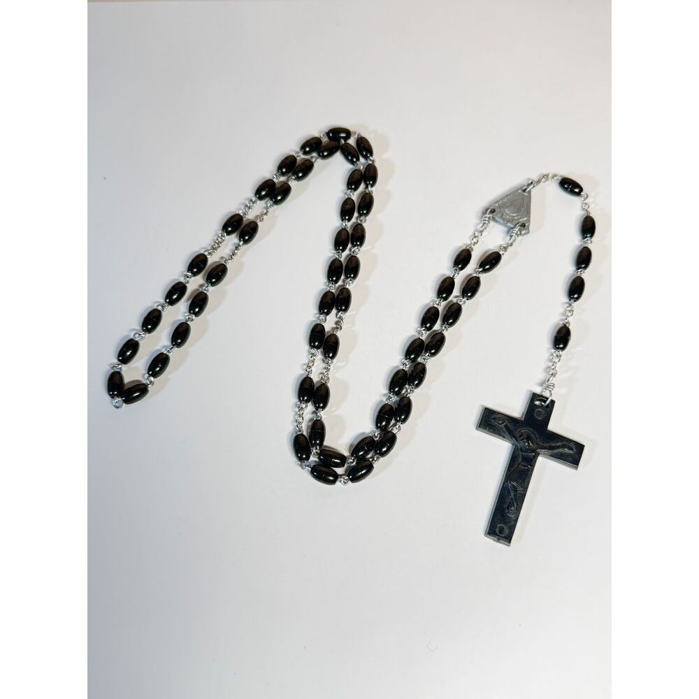 Black Oval Bead Rosary Silver Chain Dark Crucifix 30 Inch